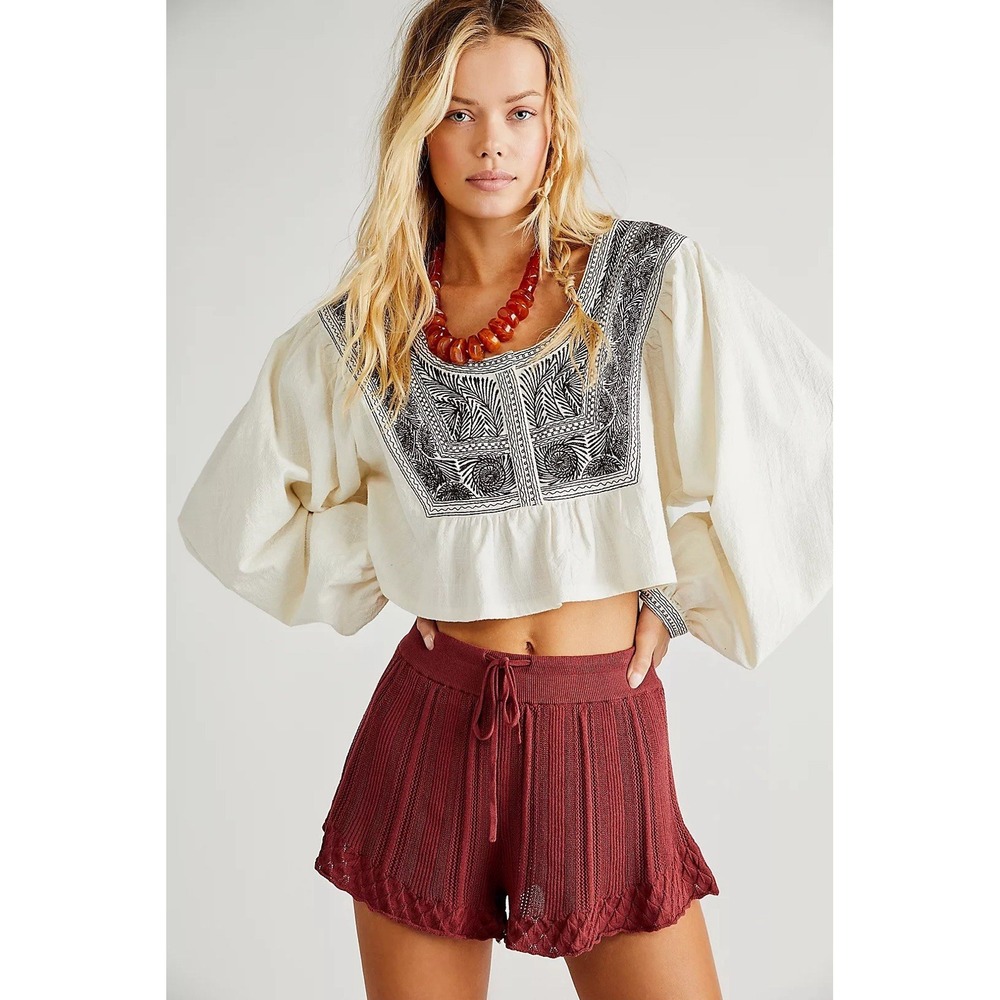 NWT Free People Iggie Embroidered Top XS Boho Festival Oversized Crop MSRP $128